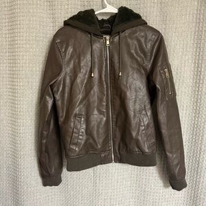 Brown Leather Jacket with Hood